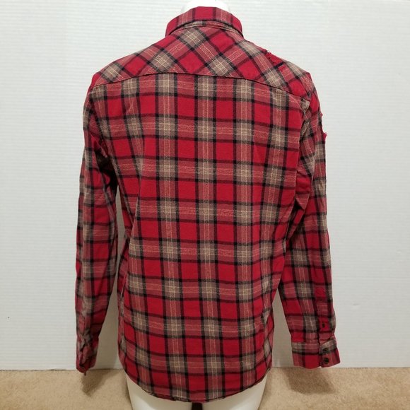 Forever 21 Men shirt Large distressed flannel button up plaid ripped torn grunge - Picture 3 of 15